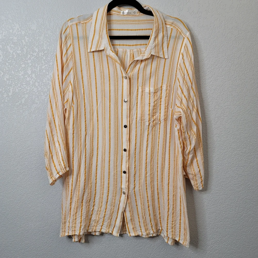 89+Madison 3/4 sleeve button up roll tab yellow stripe crepe collared sh…